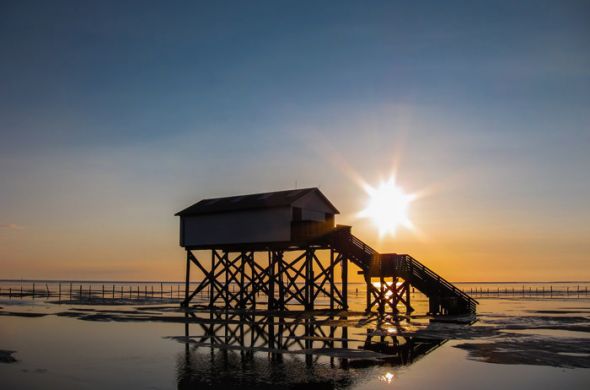 Untergehende Sonne über dem Wattenmeer der Nordsee